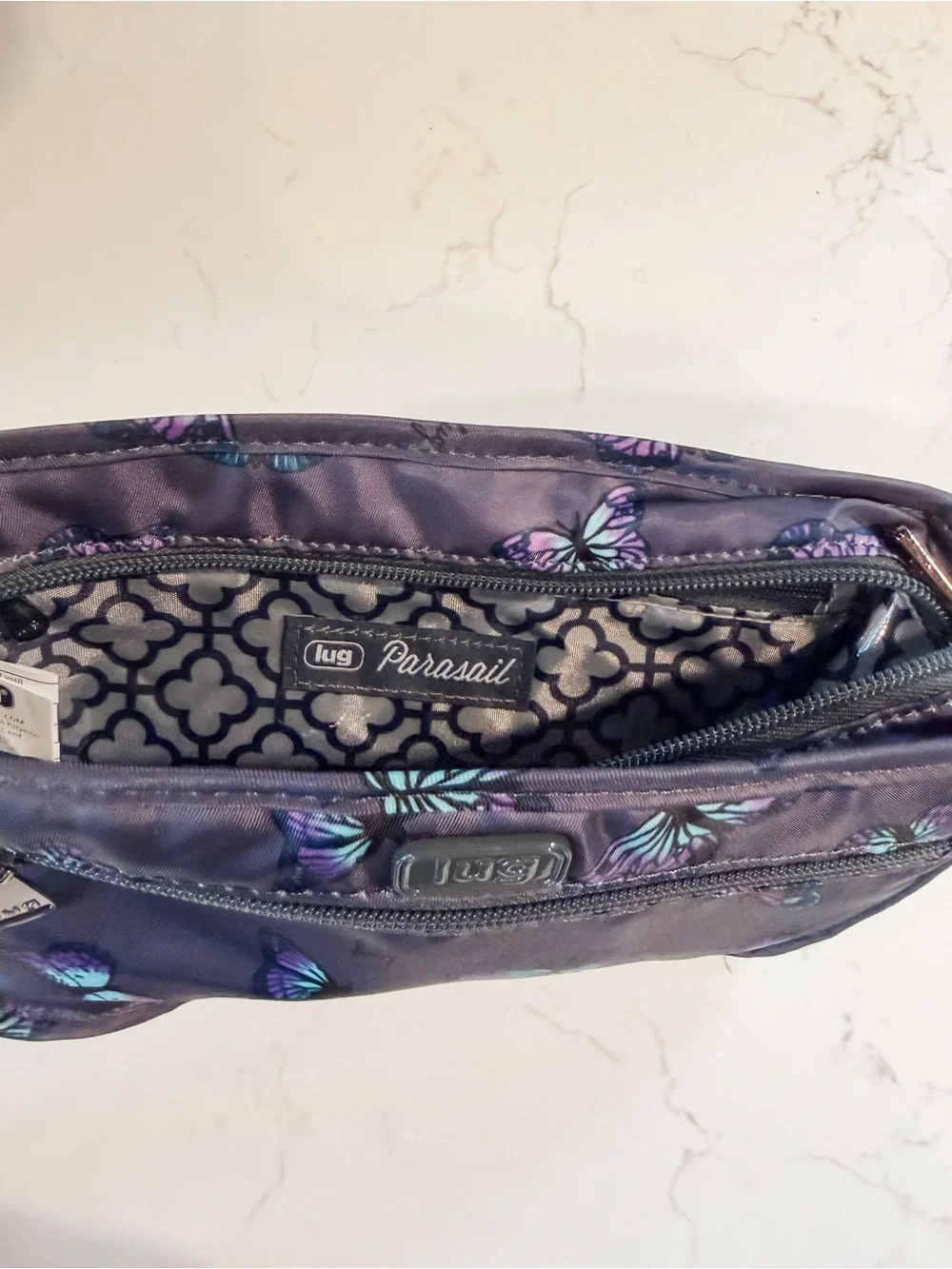 NWOT Lug Parasail Cosmetic Bag - Gray Purple Butterfly Pattern
